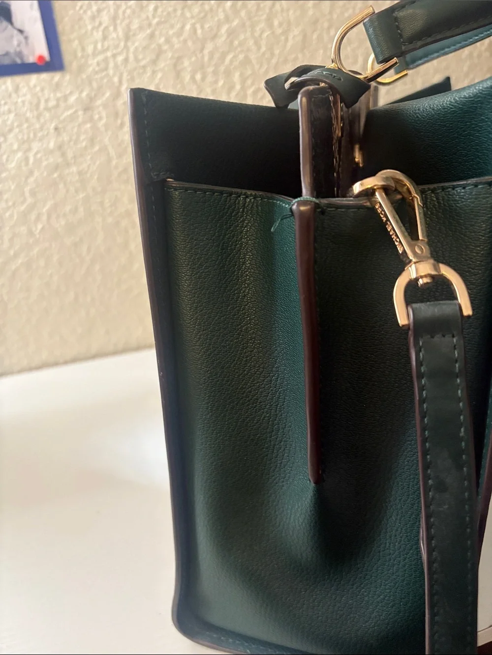Michael Kors Dark Green Leather Satchel with Gold Hardware